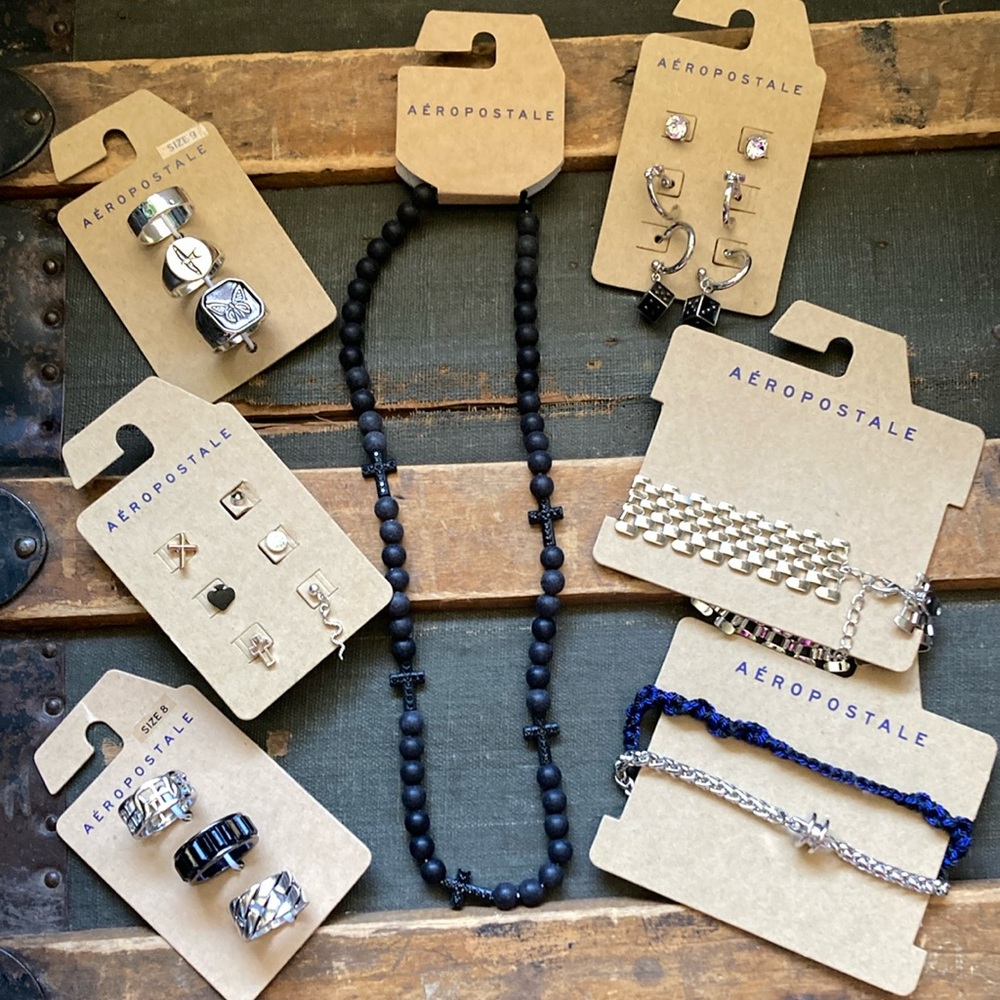 Aeropostale 7 Piece Jewelry Bundle #8 Rings, Necklace, Bracelets & Earrings NWT